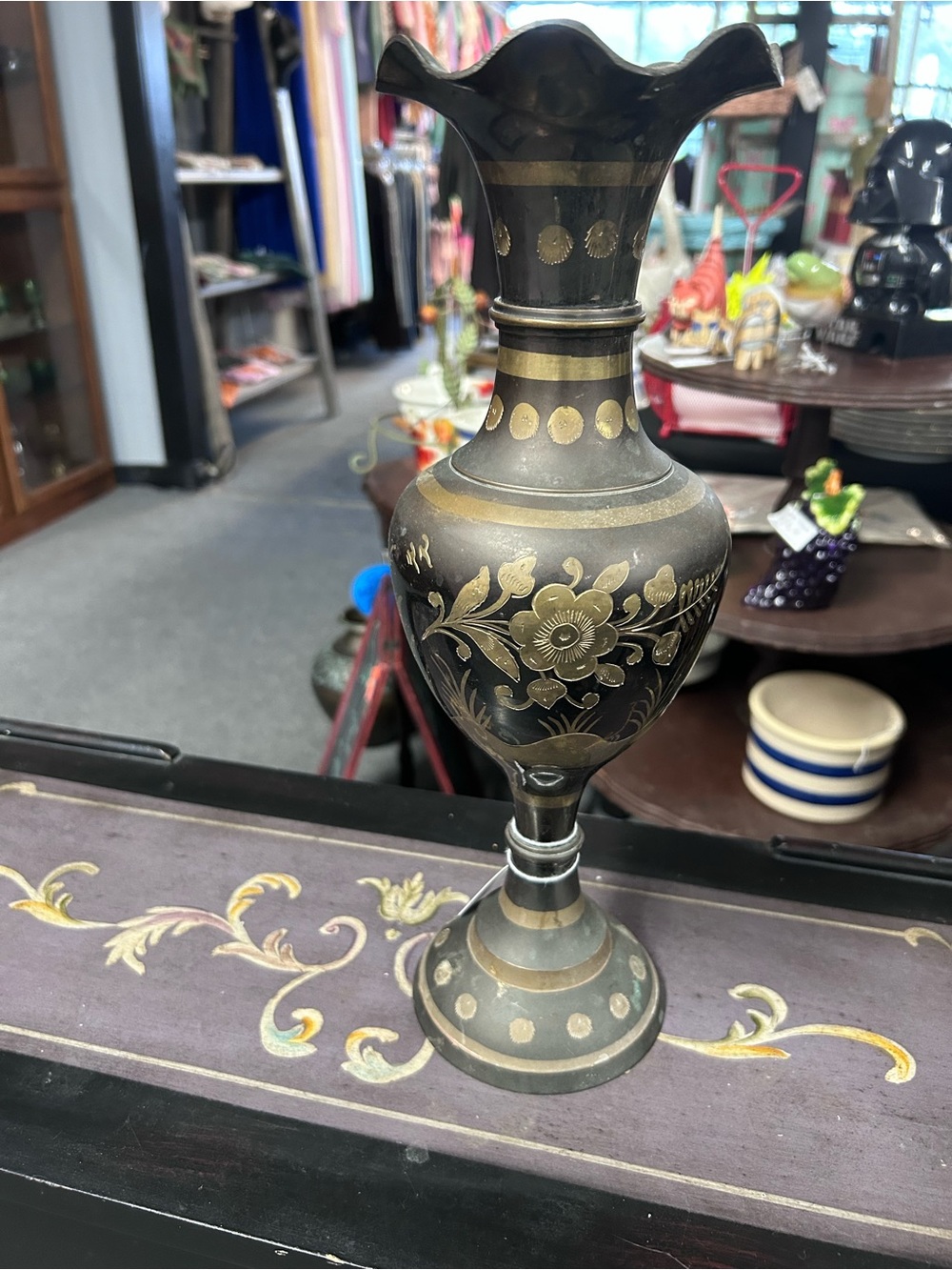 Decorative Black and Gold Floral Metal Vase